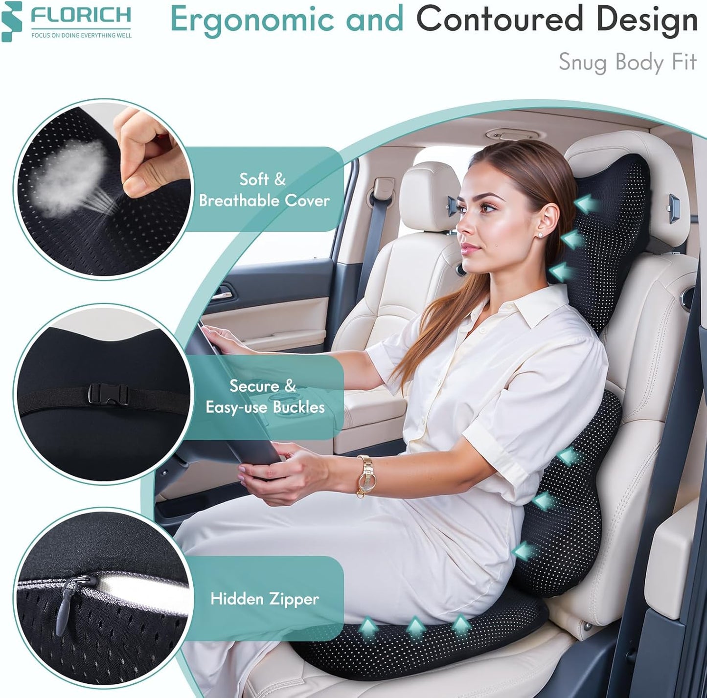 FLORICH Car Seat Cushion and Lumbar Support Pillow for Office Chair Car, Neck Headrest Pillow, Ergonomic Memory Foam, Pressure-Relieving Back Support for Car, Office Chair & Wheelchair – Black