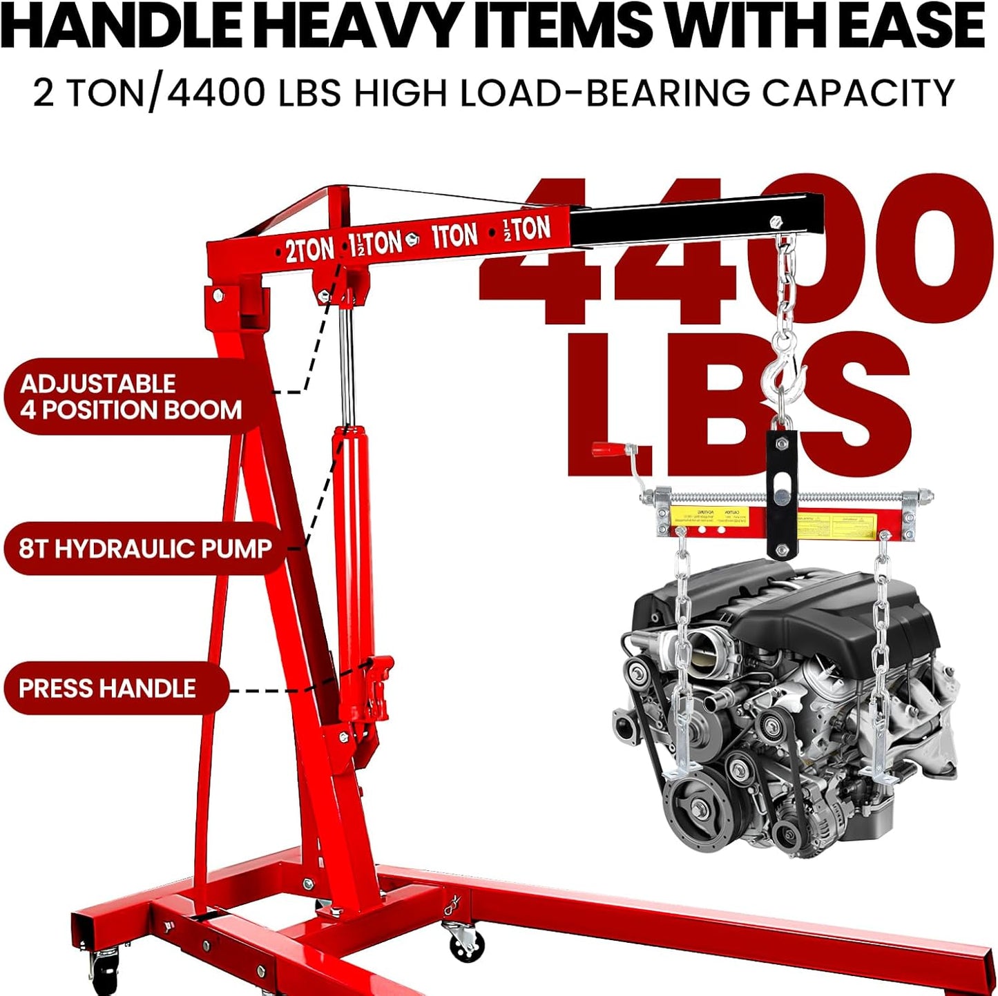 4400 Lbs Folding Engine Hoist Cherry Picker, 2 Ton Engine Hoist with Lever, with 6 Casters, 8 Ton Hydraulic Pump 4 Adjustable Position, Engine Crane for Garage, Workshop, Repair(Red)