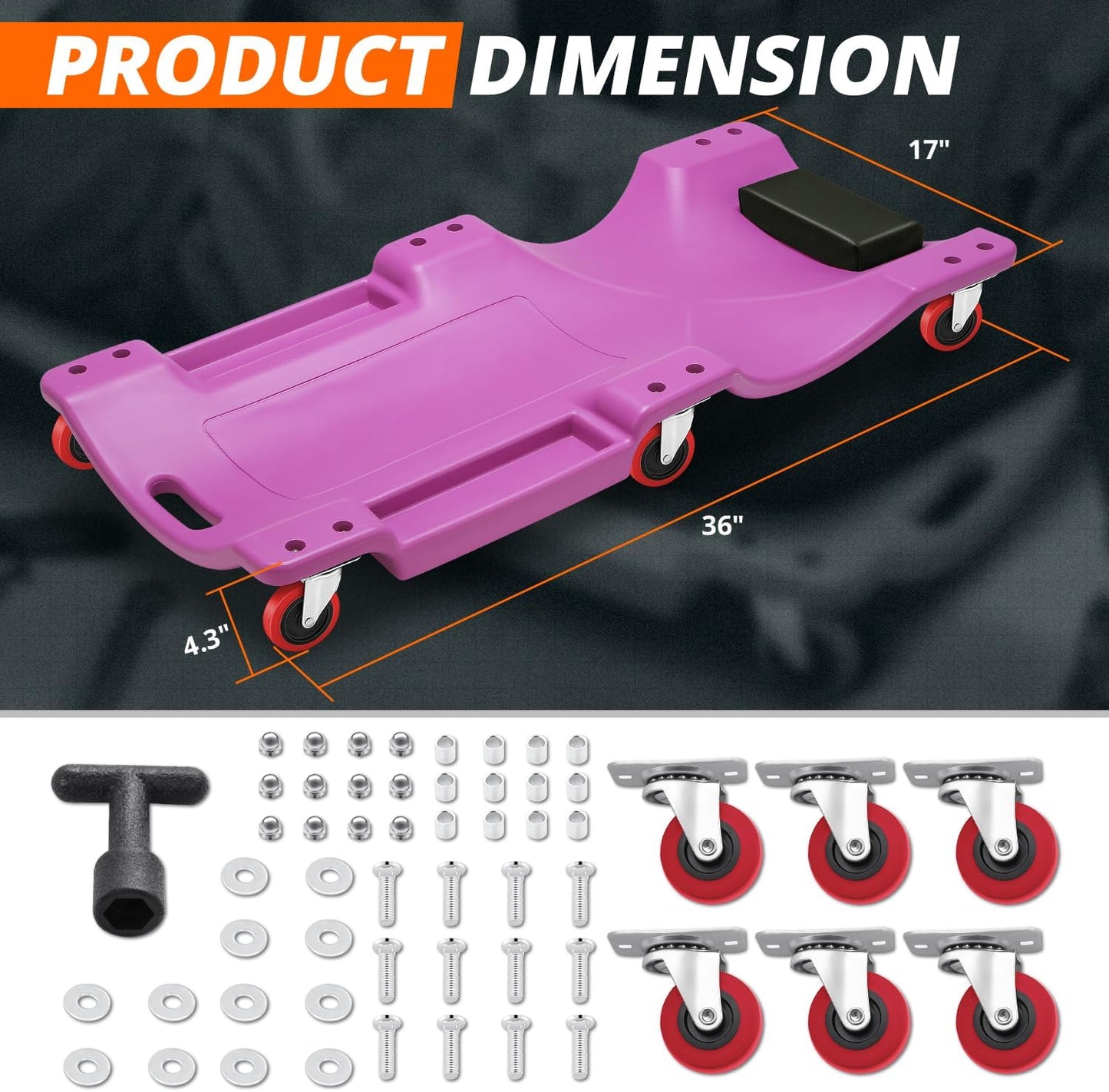 DNA MOTORING 36" L X 17" W x 4.25" H Vehicle Repair Low Profile Automotive Creeper w/Padded Headrest, Purple, TOOLS-00201-PR