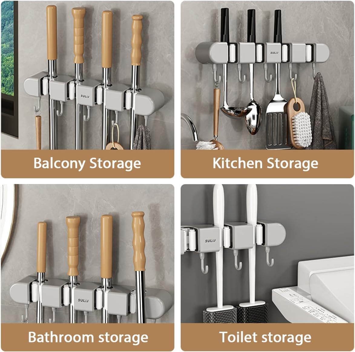 2Pcs Broom Mop Holder with Hooks Wall Mounted Broom Storage Rack No Drilling Self-Adhesive Mop Broom Organizer Mop Holder Hanger for Bathroom Office Kitchen Closet Garage,Grey (2)