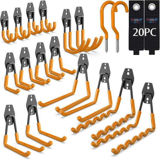 3-H Garage Wall Hooks 20 Pack, Garage Hooks Heavy Duty with Extra Welding Spots, Garage Organizer for Garden, Lawn, Chairs, Ladders, Weed Eater, Shovel(Orange)