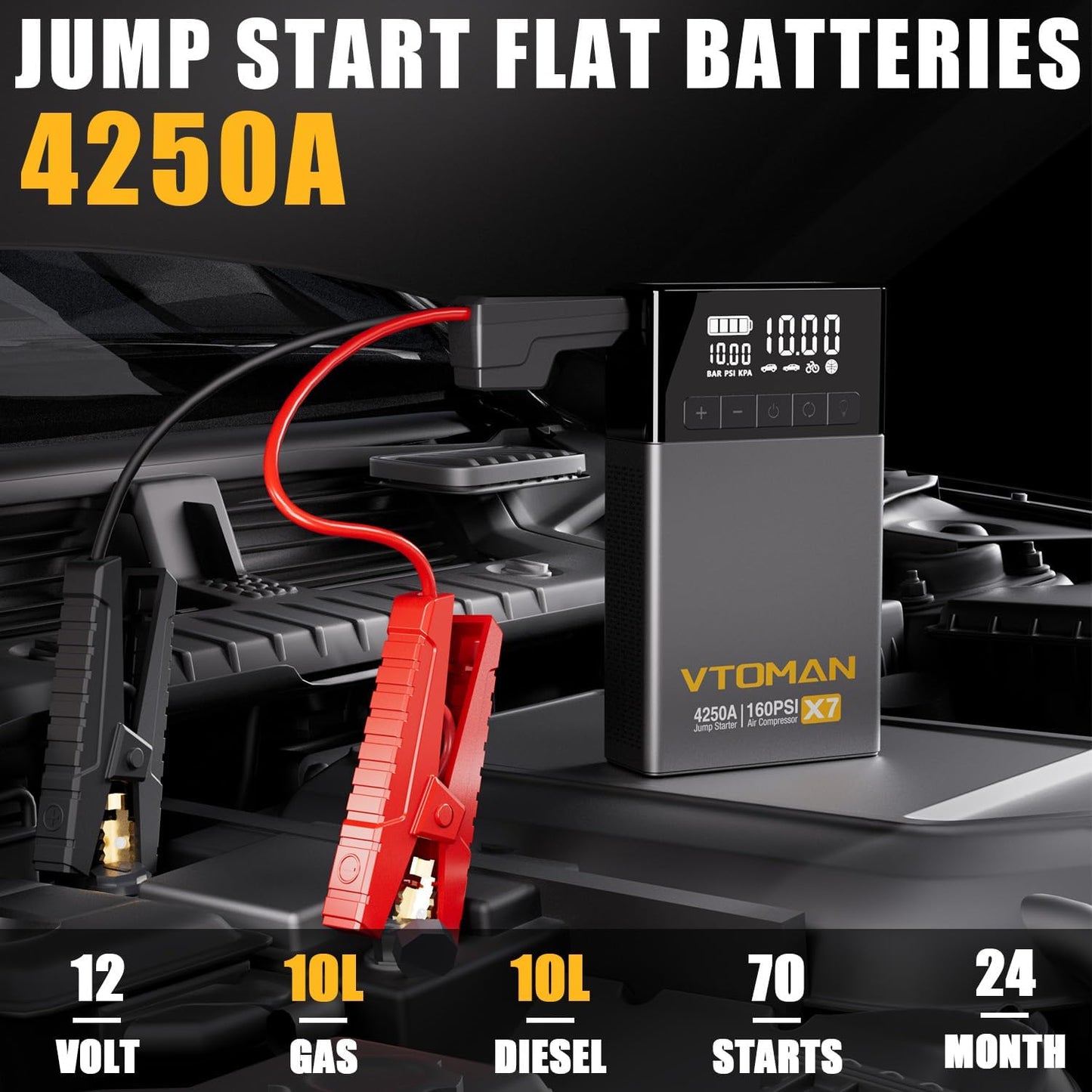 VTOMAN X7 Jump Starter with Air Compressor, 4250A Portable Car Starter (Up 10L Gas/10L Diesel Engine) with 160PSI Digital Tire Inflator,12V Lithium Battery Charger Booster Box with Jumper Cables