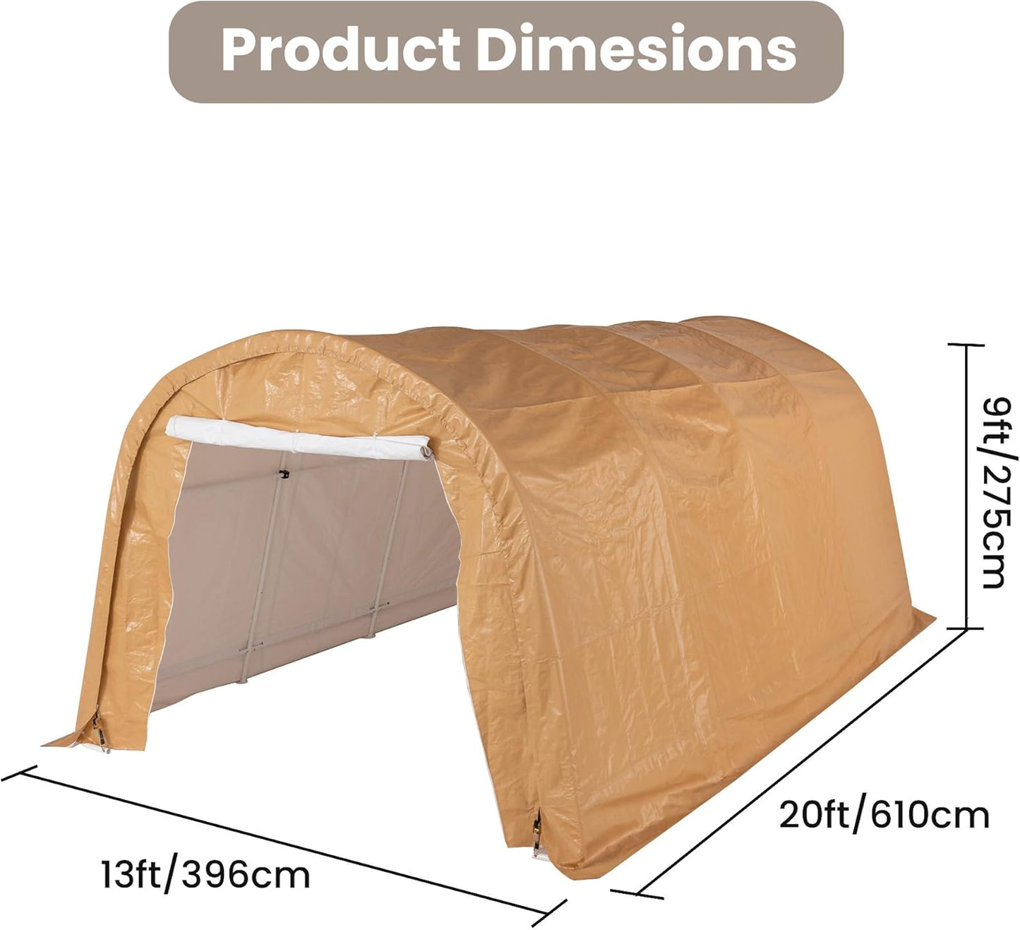 SUNBURY Carport, Round Portable Garage, Outdoor 13x20 ft Heavy Duty Carport, Tensioner and 2 Roll Up Doors Waterproof PE Fabric Car Port, Garage, Storage Shed, Tent for Storage, SUV, Brown