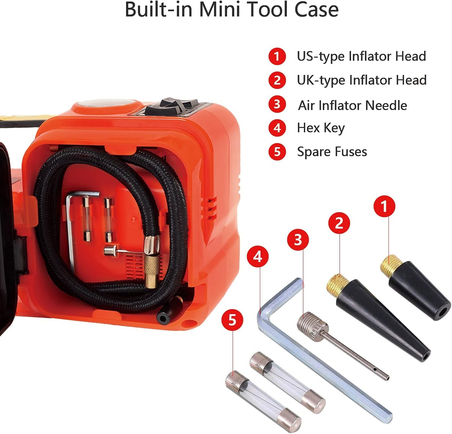 E-HEELP Electric Car Jack 5Ton 12V Kit Hydraulic (Lifting Range: 6.1~17.7 inch) with Inflator Electric Jack for Car SUV Sedan MPV Change Tires Garage Repair Emergency Kit