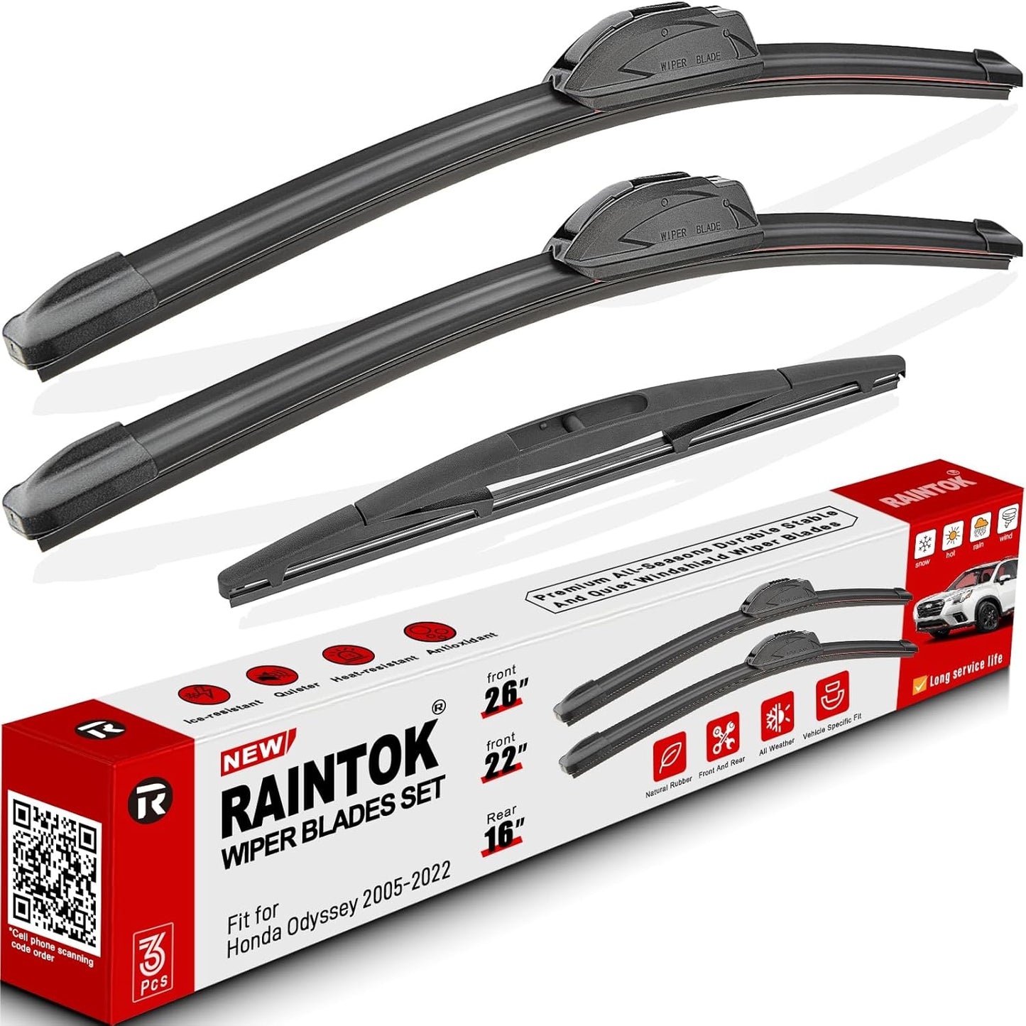 Windshield Wiper Blade Set Replacement for 2005-2022 Honda Odyssey Original Equipment Replacement Front Rear Wiper Blades-26"/22"/16" (Set of 3) U/J Hook