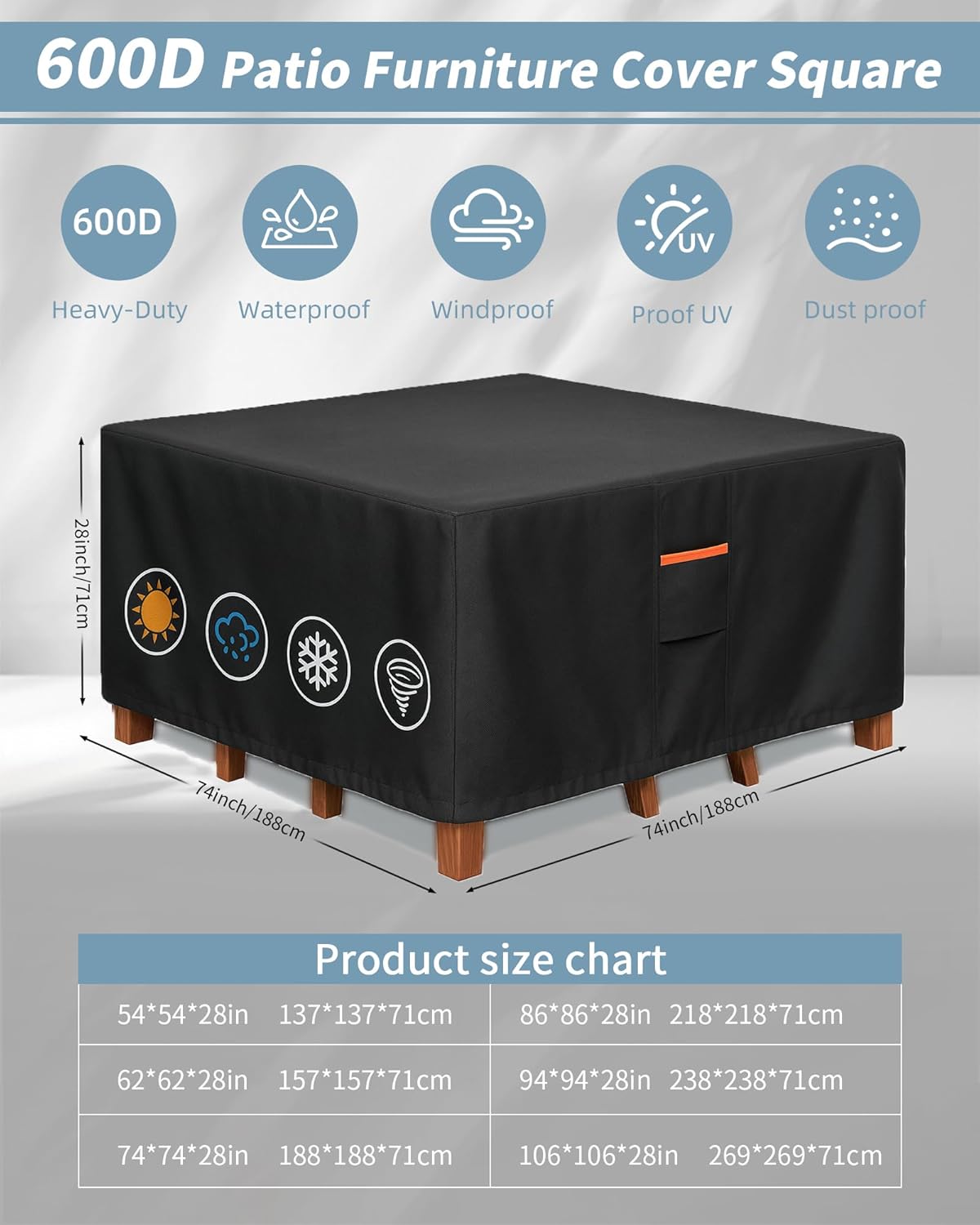 Outdoor Waterproof Furniture Cover, 74W x 74L x 28H inches Heavy Duty 600D Square Table and Chair Set Protection, Black