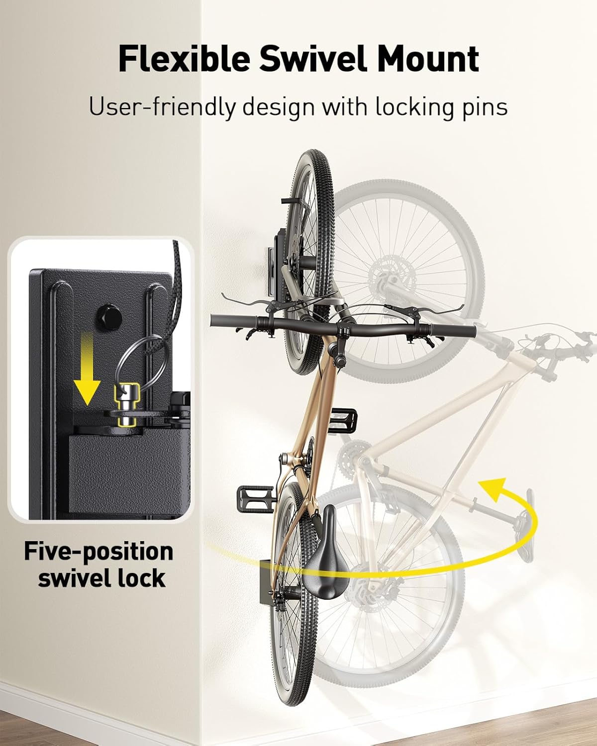 AM alphamount Swivel Bike Wall Mount, Metal Wall Bike Rack with Durable Sleeves, Space-Saving Vertical Bike Rack with 180° Swivel for Home and Garage, Bike Storage Hanger Mount Up to 66 lbs, 1-Pack