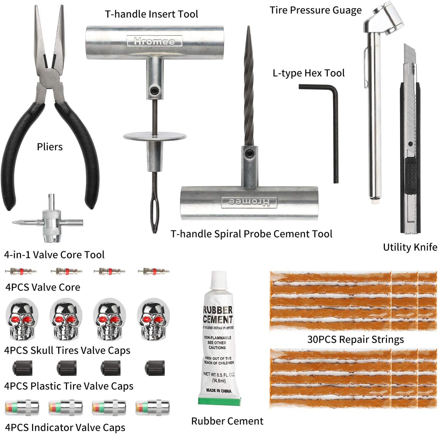 Hromee 56 Pieces Tire Repair Tools Kit for Car, Trucks, Motorcycle, ATV, RV Universal Emergency Flat Tire Puncture Repair Patch Set with Portable Bag