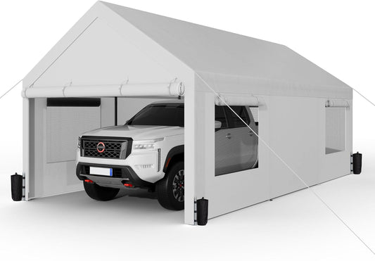 Shintenchi Carport 10' x 20' Heavy Duty Portable Garage, Car Port Canopy with Side-Opening Removable Door & Roll-Up Windows, Car Canopy for Truck,Car,Boat,Motorcycle,White
