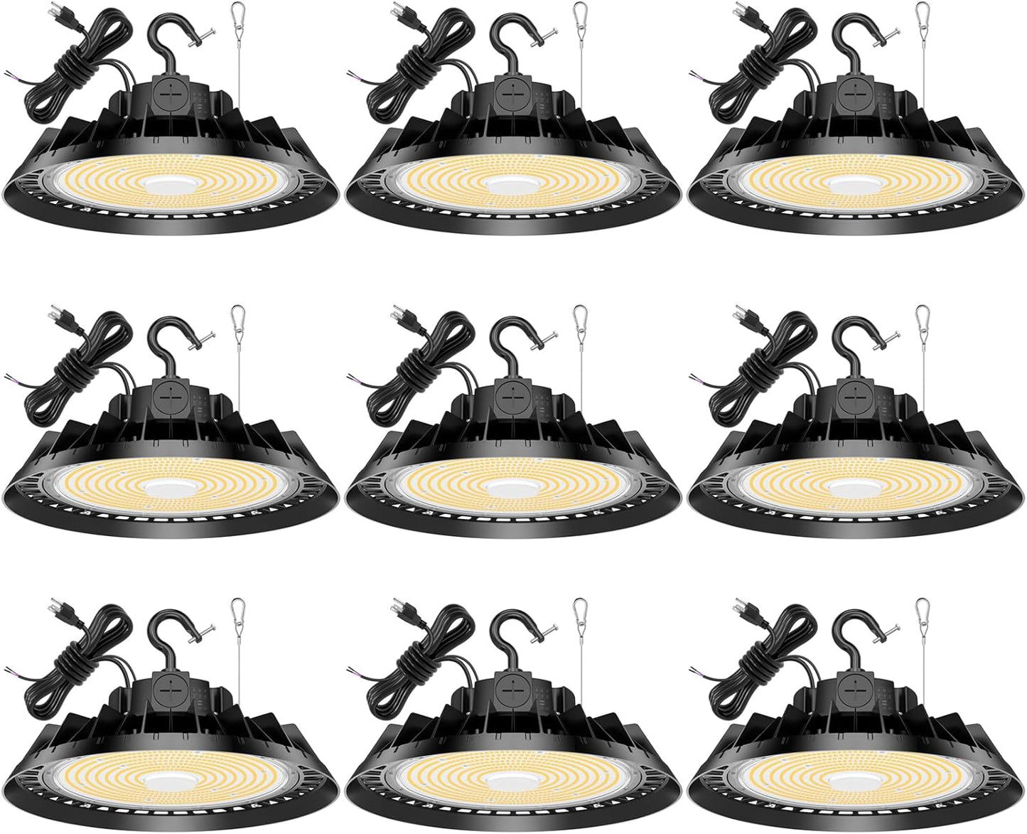 9Pack LED High Bay Lights, 200W UFO High Bay LED Shop Lights, 30000LM Adjustable CCT(5700K 5000K 4500K) & Power(200W 150W 100W), 0-10V Dimmable, 5' Cable Plug, IP65 Waterproof, ETL & DLC Listed