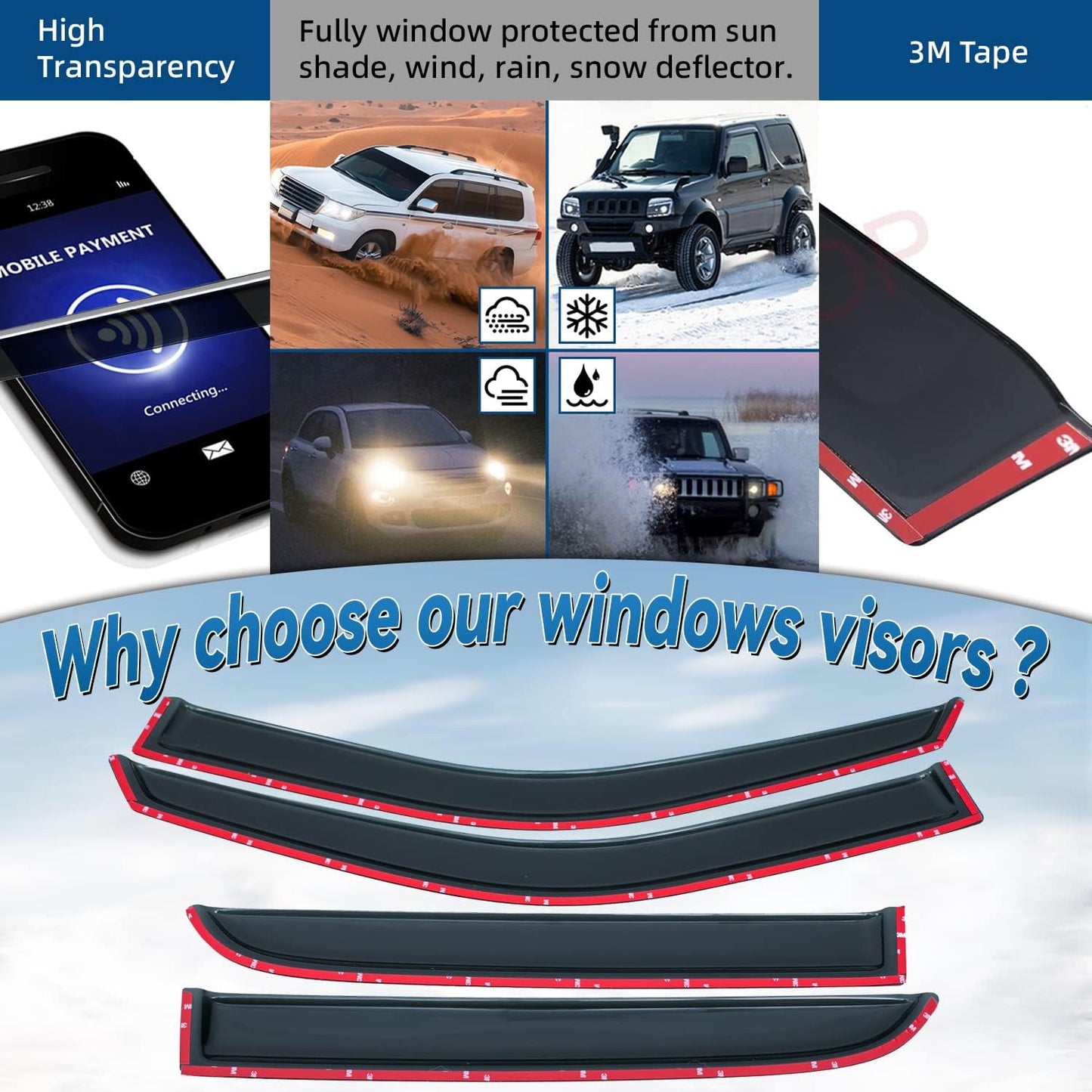 Set of 4 Window Visors Compatible with Ram 2009-2018 1500 2010-2018 2500/3500/4500/5500 Crew & Mega Cab with 4 Full Size DoorFront+Rear Smoke Sun/Rain Guard Outside Mount Tape-On Acrylic