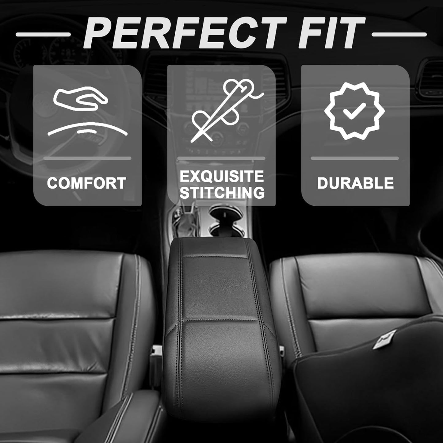 Muslogy Center Console Armrest Cover Compatible with Jeep Grand Cherokee 2011-2021 Comfort Armrest Pad Arm Rest Cushion Vegan Leather Protector Regular Thick