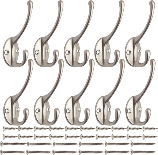 IBosins 10 Pack Heavy Duty Dual Coat Hooks Wall Mounted with 40 Screws Retro Double Hooks Utility Silvery Hooks for Coat, Scarf, Bag, Towel, Key, Cap, Cup, Hat (Silvery)