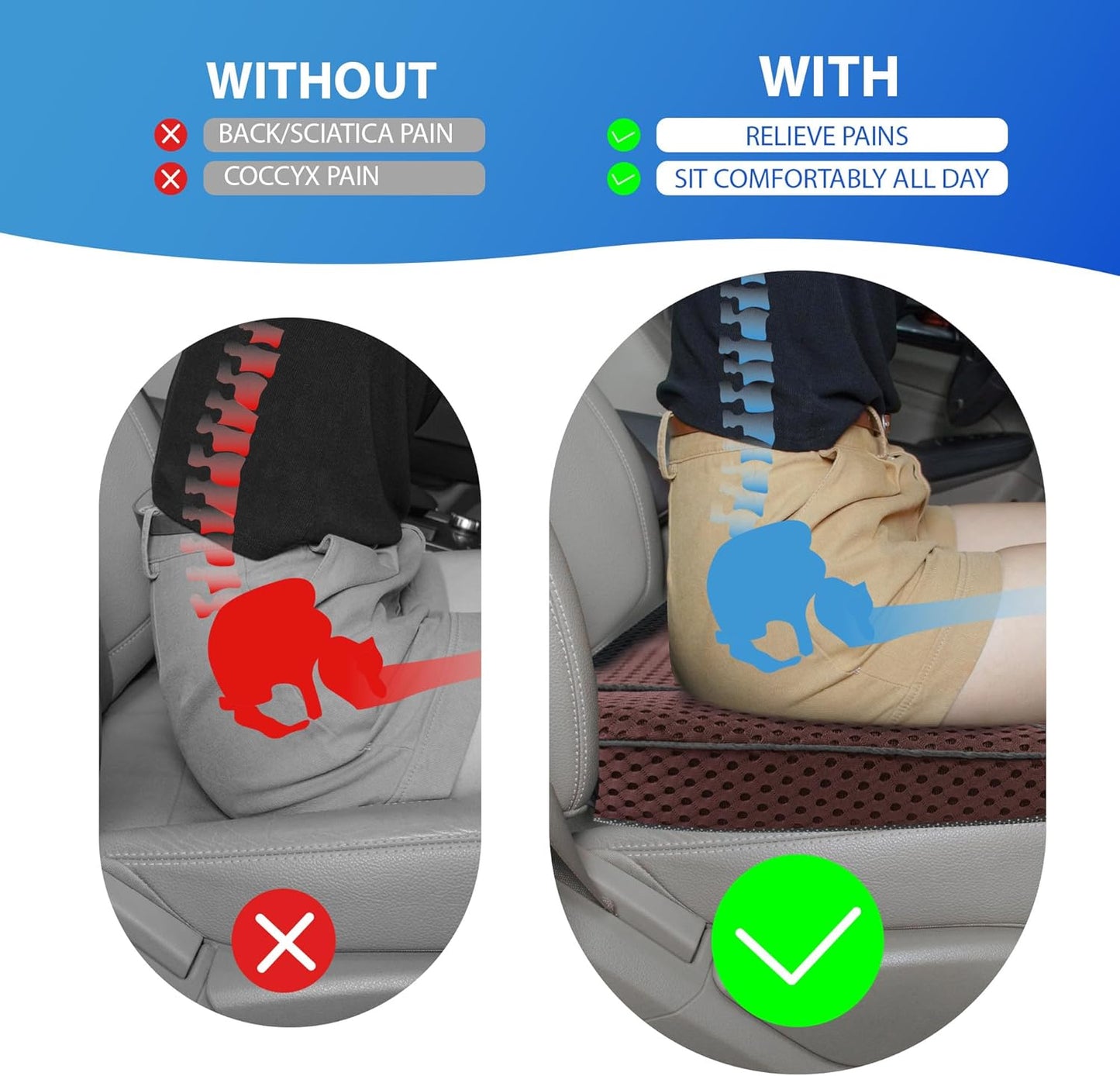 Car Seat Cushion, Comfortable Memory Foam Seat Pillow for Driving, Sciatica-Back Pain Relief, Cushion for Car-Truck, Office, Wheelchair - Mesh Brown