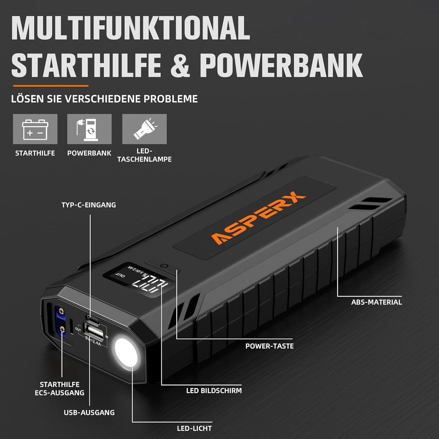 AsperX Car Jump Starter, 4000A Peak Battery Starter for All Gas or 10.0L Diesel Engines, 12V Battery Starter, Jump Box with USBA, Lithium Battery Booster with Built-in LED Light