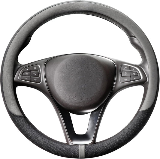 COFIT Breathable Car Steering Wheel Cover 15 inch Auto Universal Leather Wrap Non-Slip Steeringwheel Protector Automotive Interior Accessories, Grey (Suit for 14.5-15 inch)
