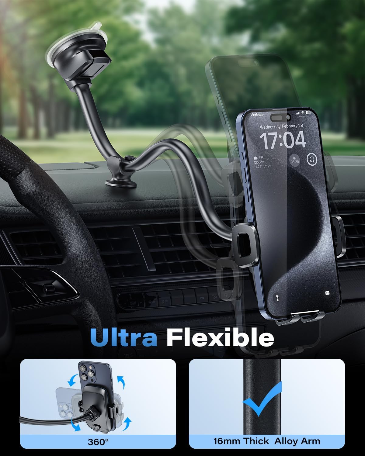 1Zero Solid Car Truck Phone Mount Holder with 14-Inch Gooseneck Long Arm, Windshield Window Mobile Holders w/Industrial-Strength Suction Cup, Anti-Shake Stabilizer Compatible All Cell Phones, Black