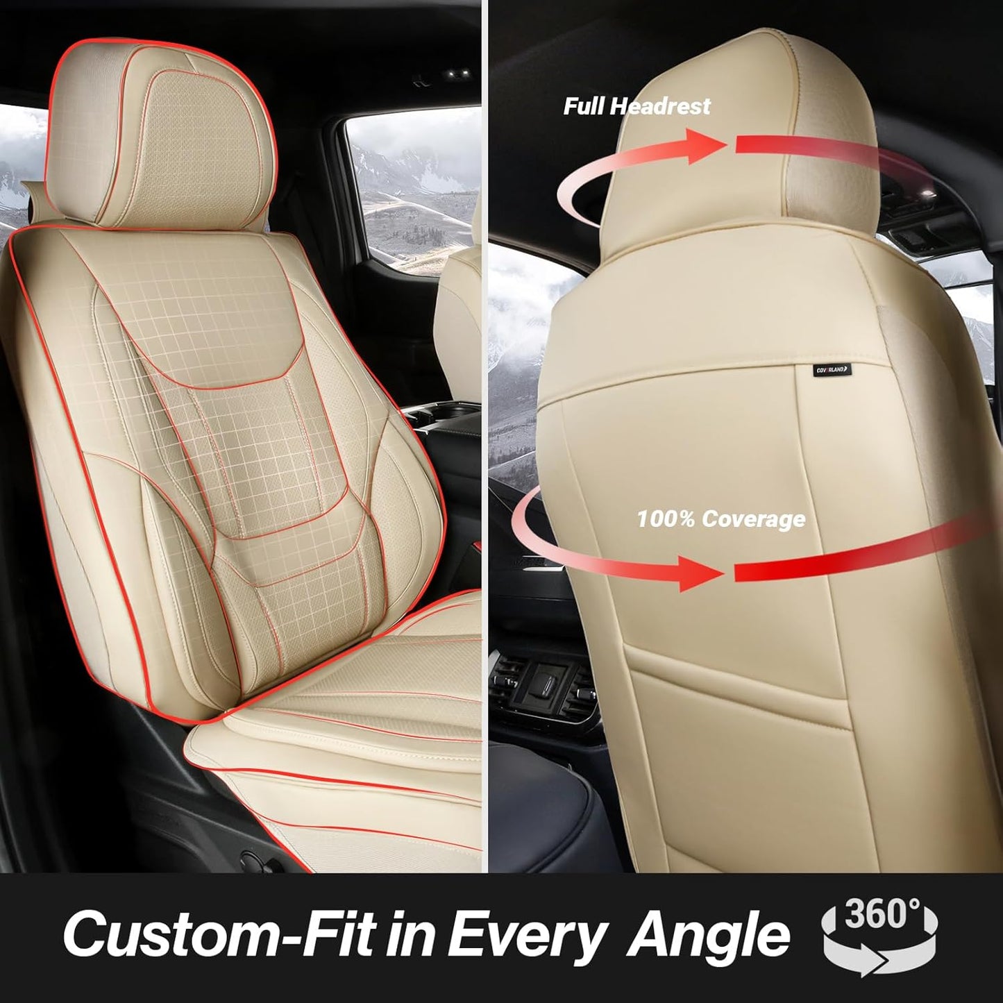 Coverland Custom Car Seat Covers Compatible with Ranger, Titan, Ram 1500 - Premium Faux Leather Non-Slip Memory Foam Waterproof Custom Fit Interior Protector Front Seat-Beige [See Size Chart-Size A20]