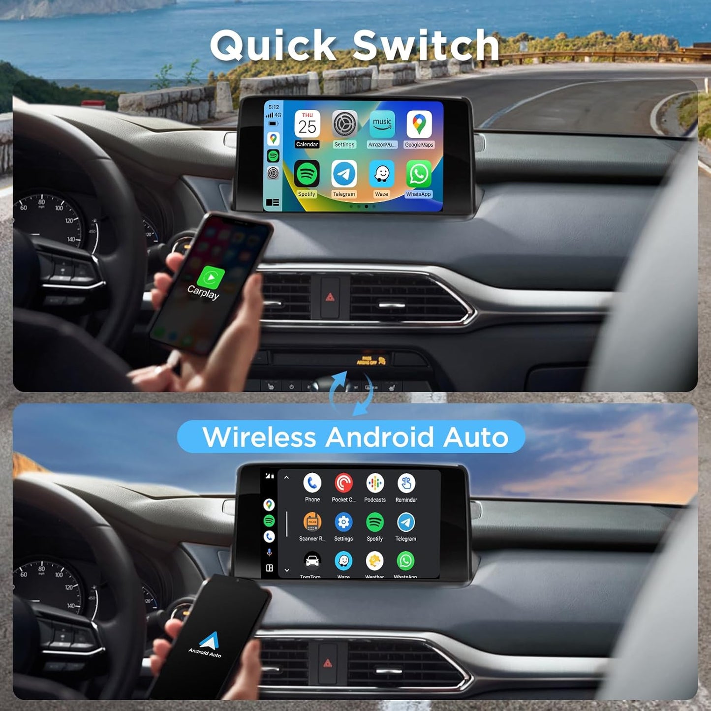 2in1 CarPlay Android Auto Wireless Adapter, Mini Car Play Cars Stick, Fast Auto Connection for OEM Wired CarPlay Car Model 2017 Above, for iPhone iOS 12 /Android 11 Above, Blue