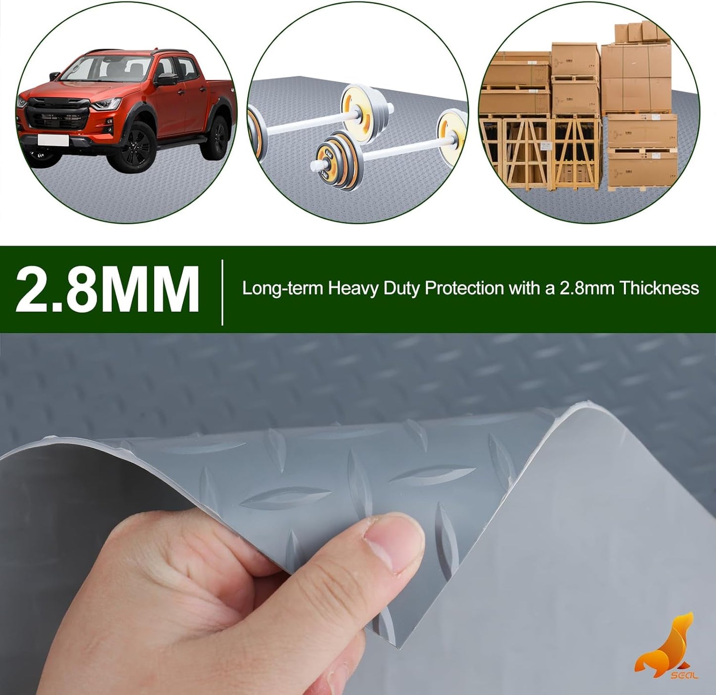 SEAL 6 x 15 Ft Premium Garage Floor Mat, Solid 2.8mm Thick Gray Commercial Grade Heavy Duty Parking Mat for Garage Floor, Golf Cart Parking, Water/Stain Resistant Floor Runner (Embossed Diamond Plate)