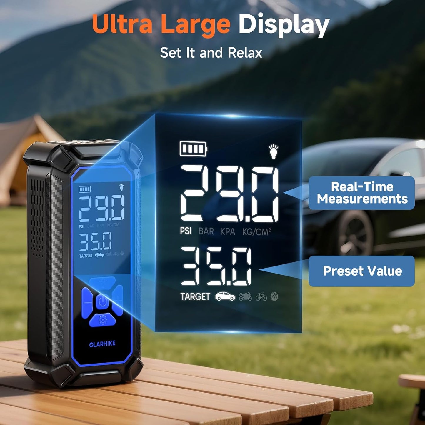 OlarHike Cordless Tire Inflator Portable Air Compressor, Quick Inflation, Air Pump for Car Tires, Pickup Truck, Motorcycle, Bicycle, Balls, Electric Pump with LED Light & Digital Pressure Gauge