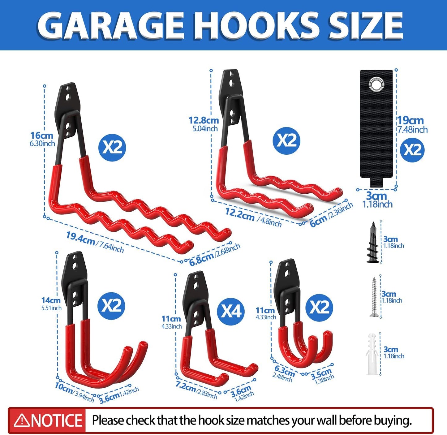Garage Hooks 14PC,Shed Organizer with 1 Extra Round Strengthen Welding Spot,Garage Hooks for Hanging & Organizing Shovel,Rake,Chair,Hose(red)