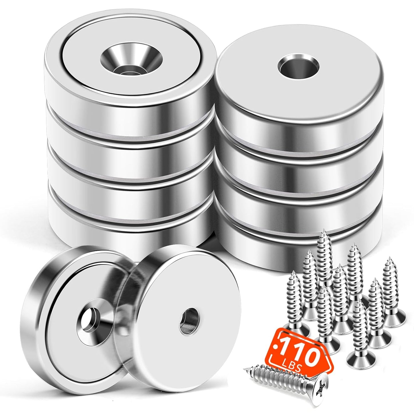 MIKEDE Strong Magnets Heavy Duty, 110LB Neodymium Cup Magnets with Countersunk Hole, Stainless Screw for Wall Mounting, Rare Earth Round Base Disc 1.26" D x 0.2" H - 10 Pack