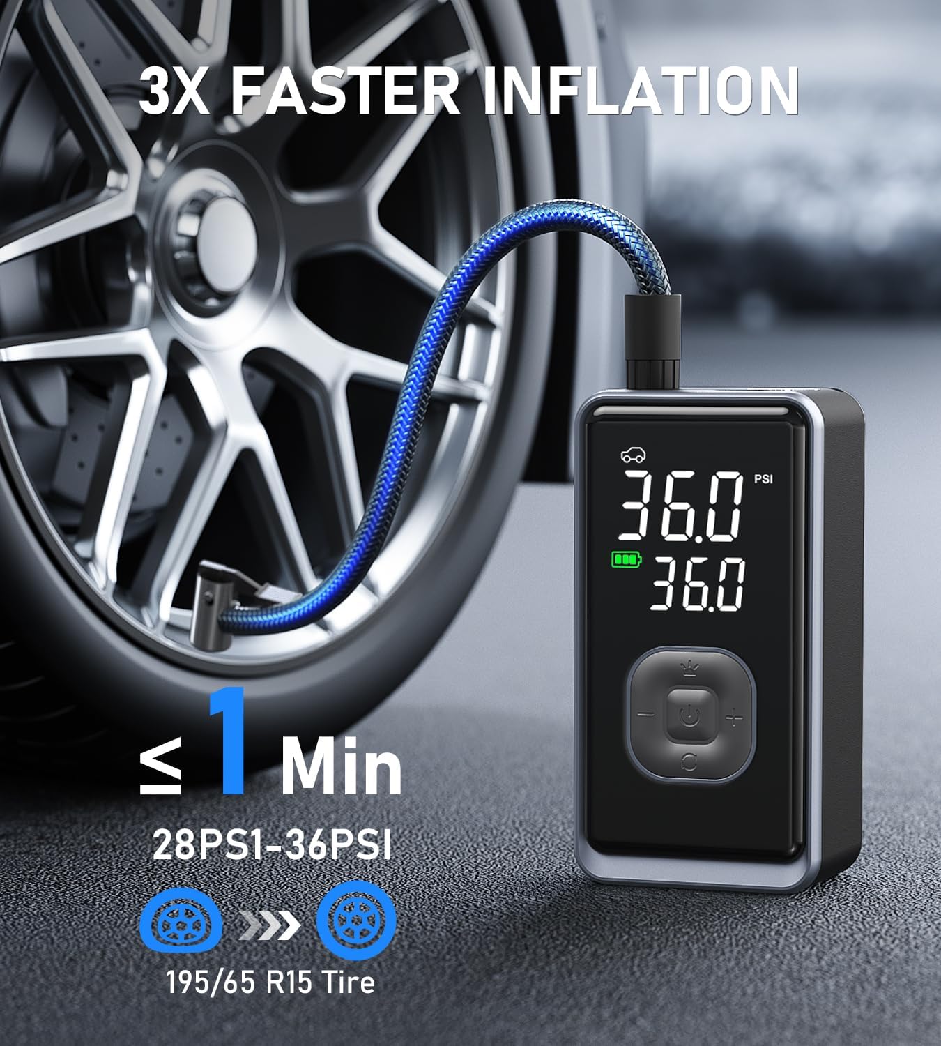 Tire Inflator Portable Air Compressor, 150PSI Cordless Mini Air Pump with Digital Pressure, Bike Pump, 3X Fast Inflation Tire Inflator for Car, Motorcycle, Bike, Ball-LED Light and Auto Shut-Off