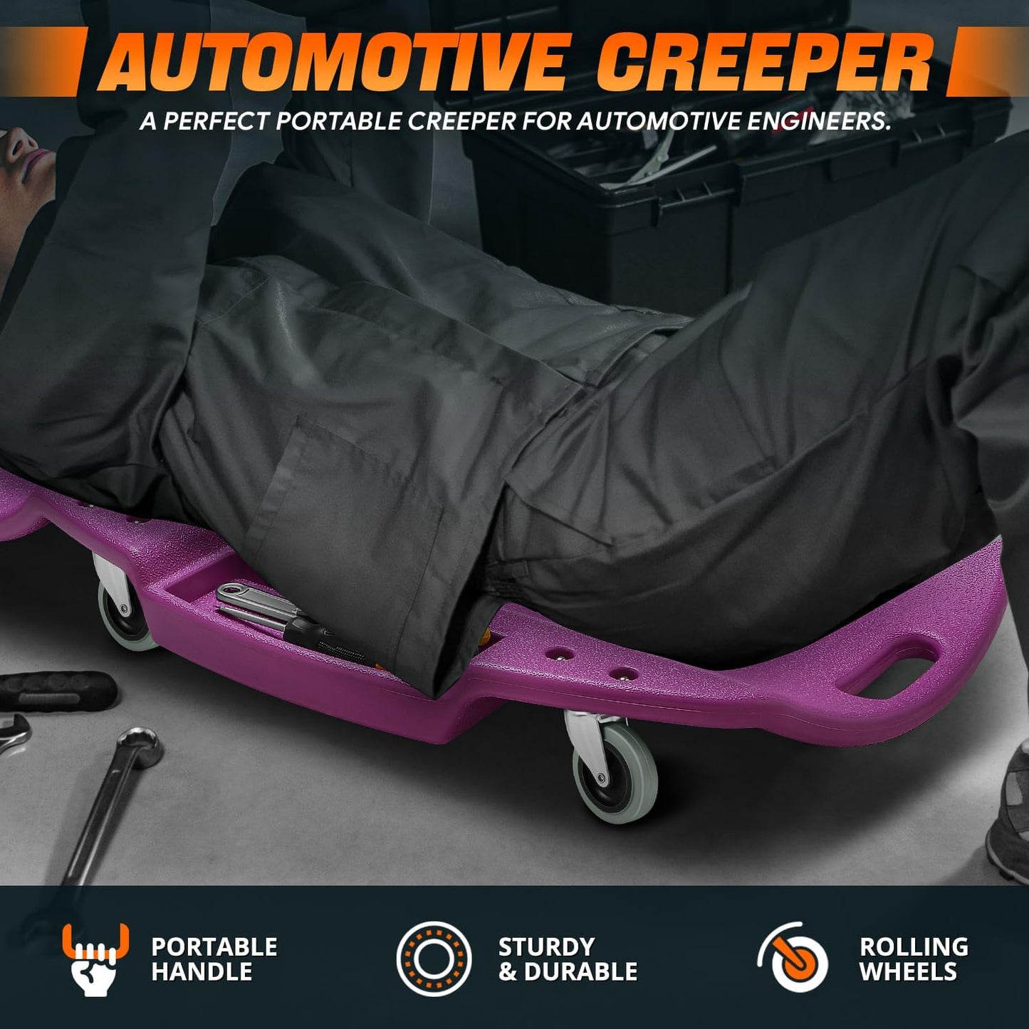 DNA MOTORING 48 Inches Heavy-Duty Low-Profile Roller Automotive Creeper with Padded Headrest, Purple, TOOLS-00239-PR