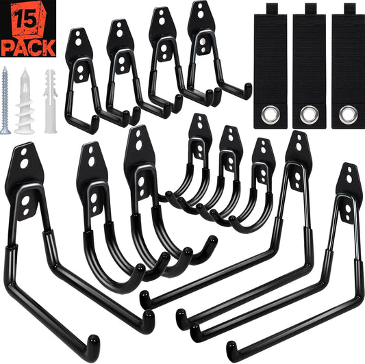 15 Pack Garage Hooks Heavy Duty with Anti-Slip Coating Wall Mount Storage Organizer for Hanging Power and Garden Tools, Ladder, Hose, Bikes, Ropes, Bulk Items Shed Hooks