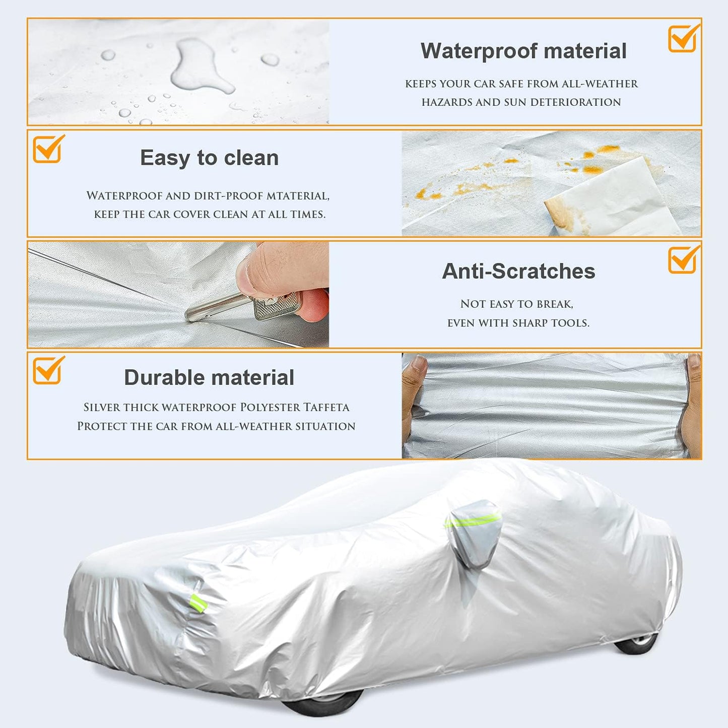 Waterproof Car Cover All Weather Snowproof UV Protection Windproof Outdoor Full car Cover, Universal Fit for Sedan (Fit Sedan Length Length 192"-208", Silver)