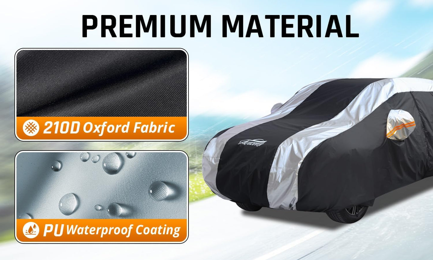 Small Car Cover All Weather Protection with Silver Stripe Design,Hatchback Car Cover Universal Fit Nissan Leaf, Honda Civic Hatchback, Mazda 3 Hatchback, VW Golf, Toyota Corolla Hatchback