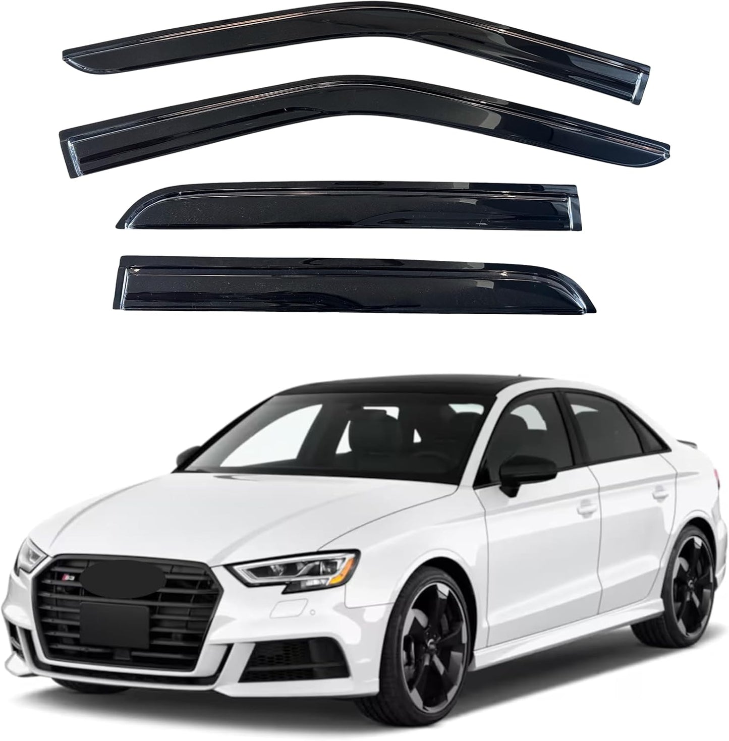 KPY Window Visor Compatible with Audi A3 Sedan 2014-2020, 4PC Rain Guard Side Window Vent Deflectors Tape-On Mugen Style, 2014 2015 2016 2017 2018 2019 2020