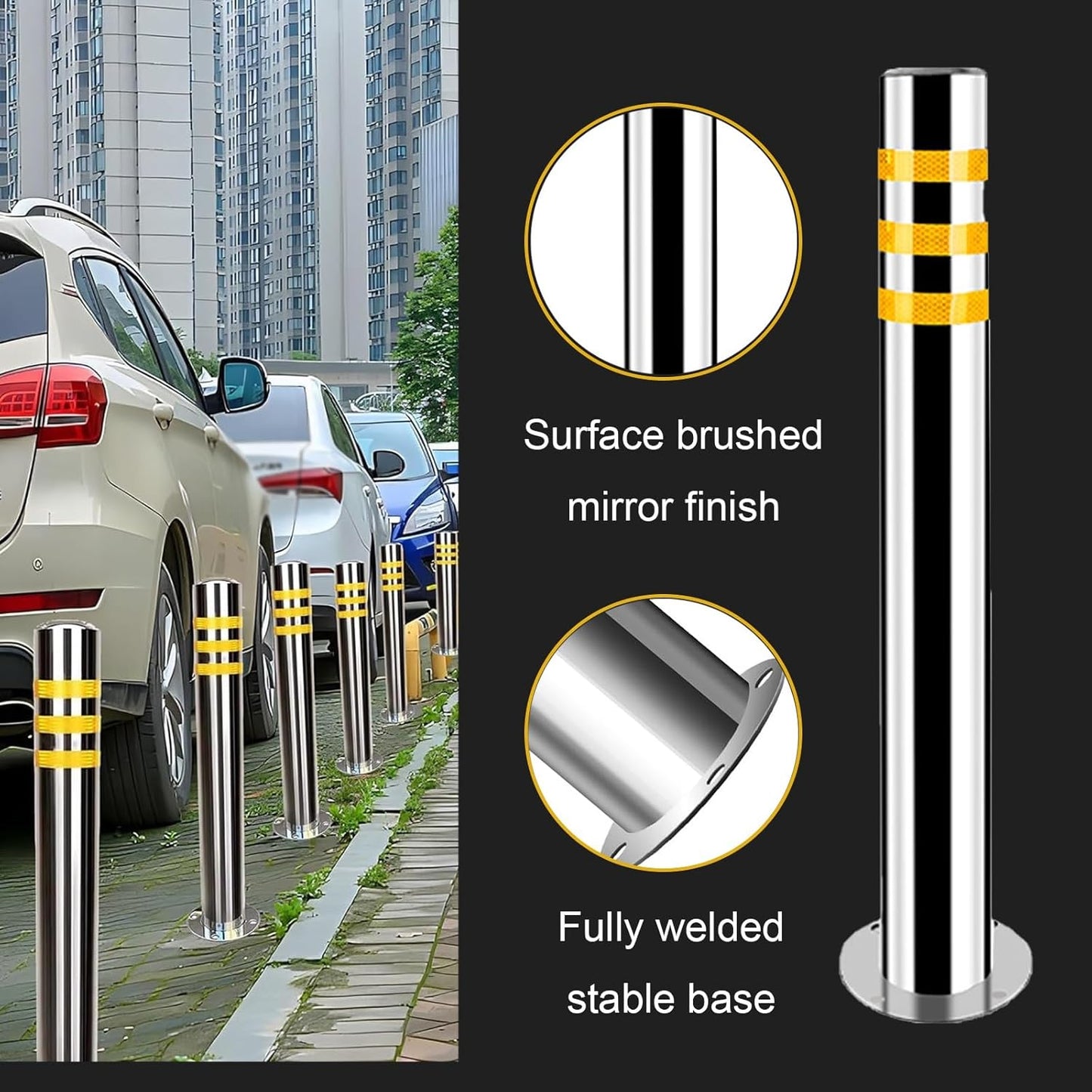 Stainless Steel Parking Bollards for Driveway, Industrial Safety Bollards Reflective Channelizer Post, Parking Barrier, Sturdy and Durable, Easy to Install, for Crowd Control(Silver (1pcs),8.9*60cm/3.