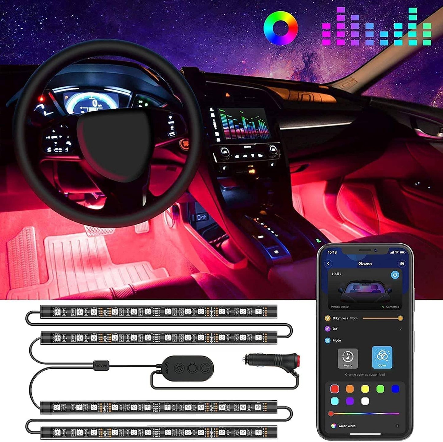 Govee Car LED Lights, Smart Car Interior Lights with App Control, RGB Lights with DIY Mode and Music Mode, 2 Lines Design LED Lights for Cars with Car Charger, 12V