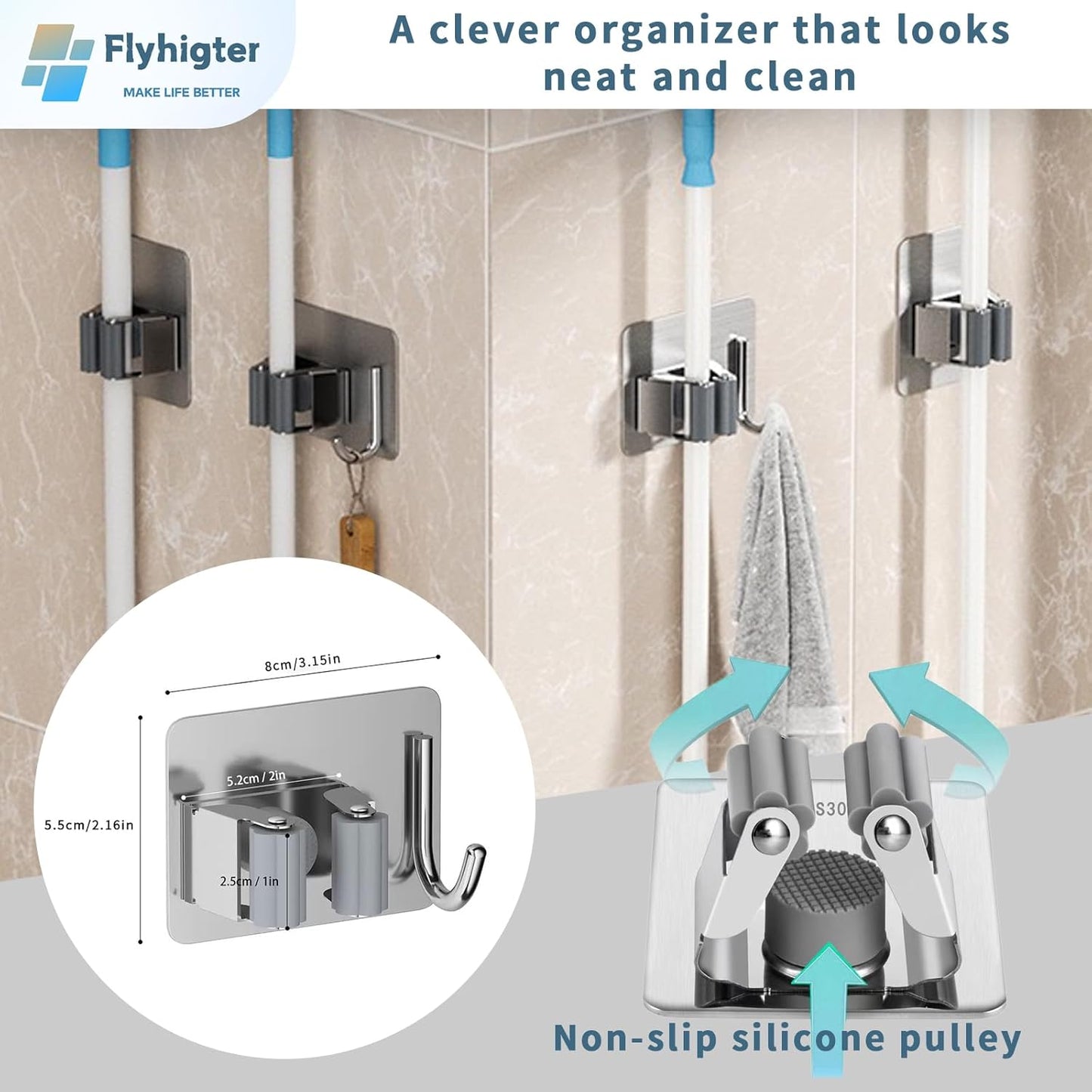 8 Pack Stainless Steel Mop Clips – Heavy Duty Wall Mounted Broom Holders, Rustproof & Tool-Free Install with Back Adhesive or Glue for Home and Garage