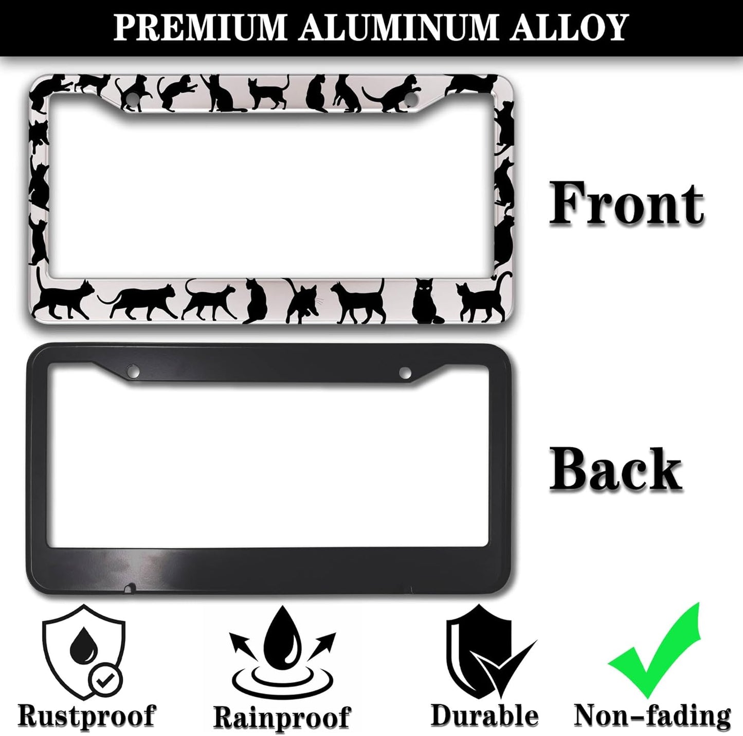 License Plate Frames for Women Black and White License Plate Frame for Men Black Cat Aluminum Metal Car Accessory 2 Pack with Screw Covers Set