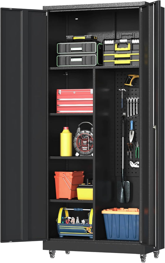 Metal Garage Storage Cabinet with 2 Doors, Adjustable Rolling Tool Storage Cabinet with Lock, 71" Steel Locking Tool Cabinet with Wheels and Shelves for Garage, Warehouse(Black, 71" H)