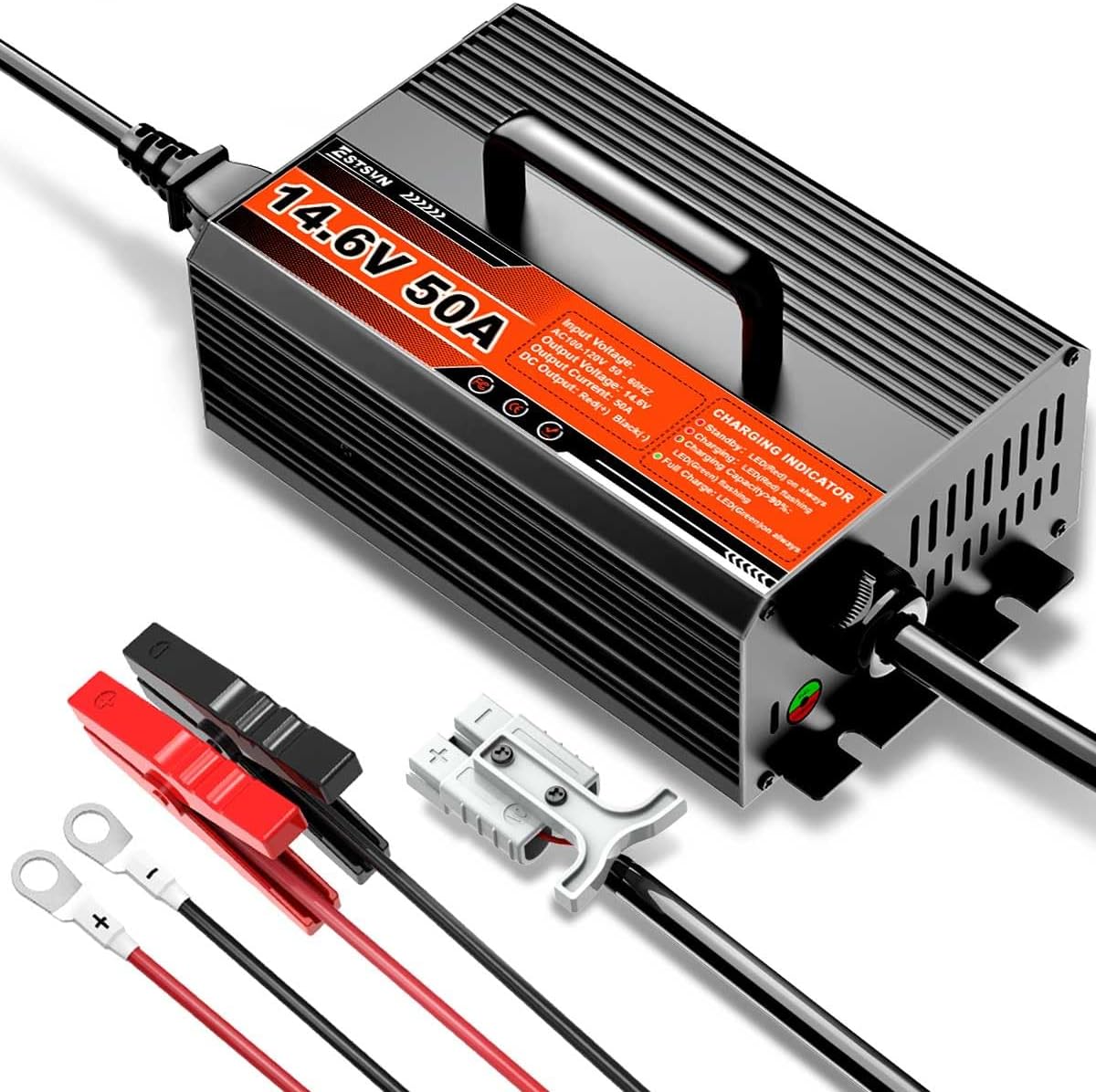 50A 14.6V LiFePO4 Battery Charger 12V Lithium Battery Smart Charger Fast Charging with Anderson Connector AC-DC Trickle Charger for Deep Cycle Rechargeable Batteries of RV Boat Car Marine