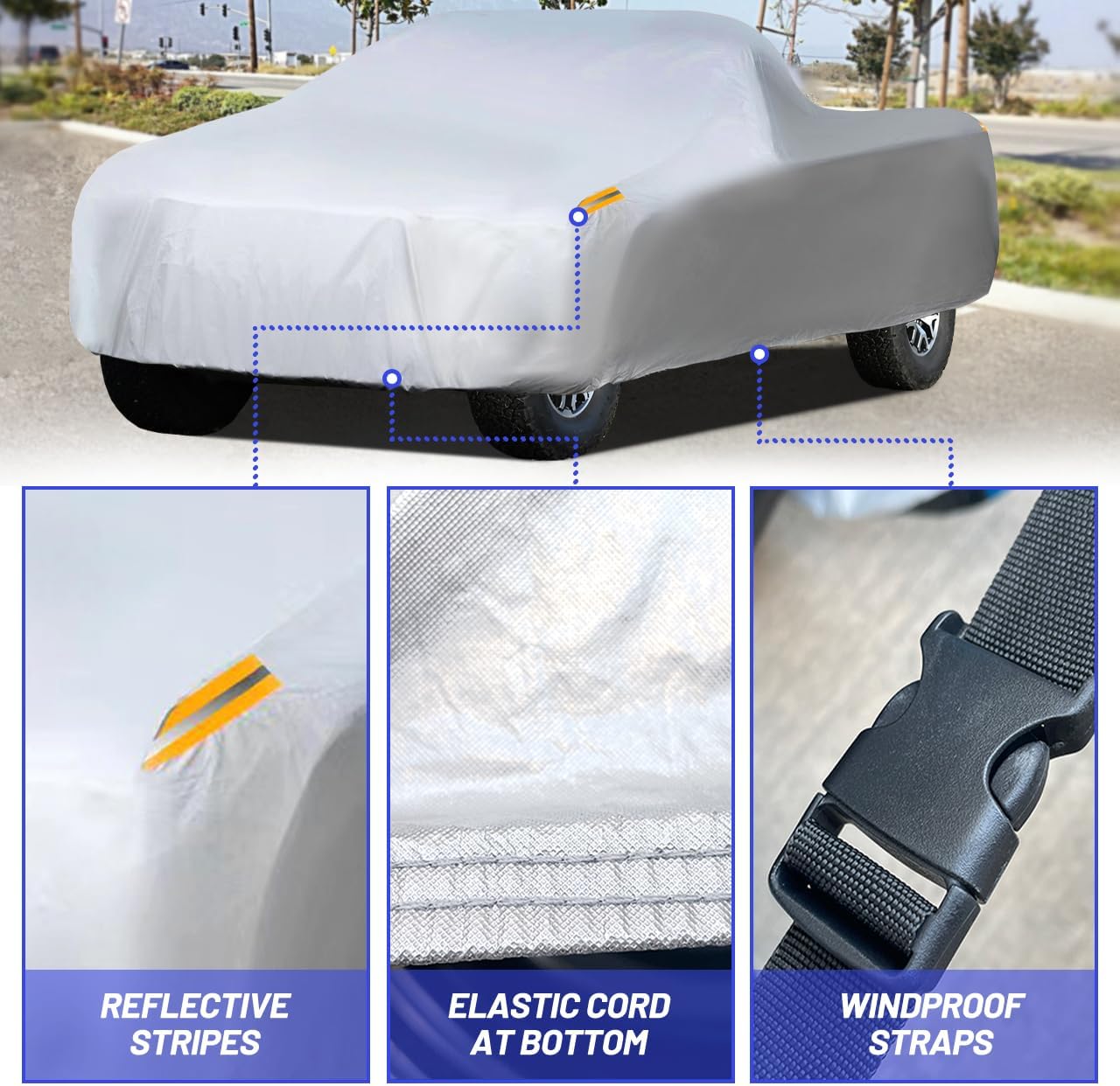 MORNYRAY Waterproof Car Cover All Weather Snowproof UV Protection Windproof Outdoor Full Truck Cover, Universal Fit for (Fit Truck Length Up to 210 inch,All Silvery)