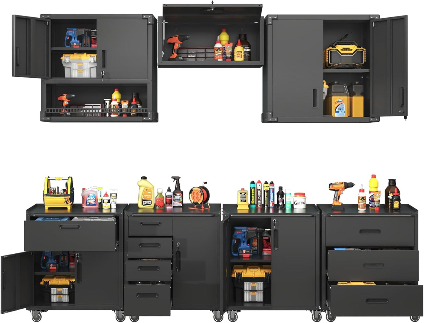Metal Tool Cabinet,Garage Storage Cabinet System,Wall Cabinet & Locking Rolling Tool Cabinet with Doors and Adjustable Shelves,Steel Tool Cabinets for Home,Office (7 Pcs-StyleA, Black)