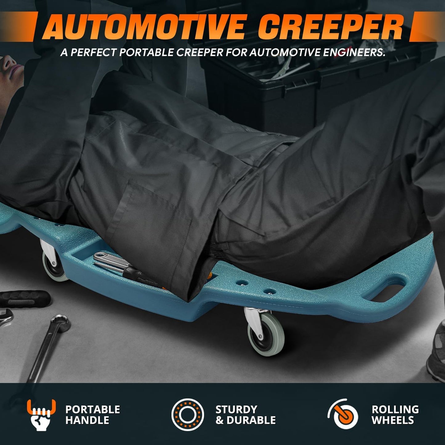 DNA MOTORING 48 Inches Heavy-Duty Low-Profile Roller Automotive Creeper with Padded Headrest, Tiffany Blue, TOOLS-00239-TB