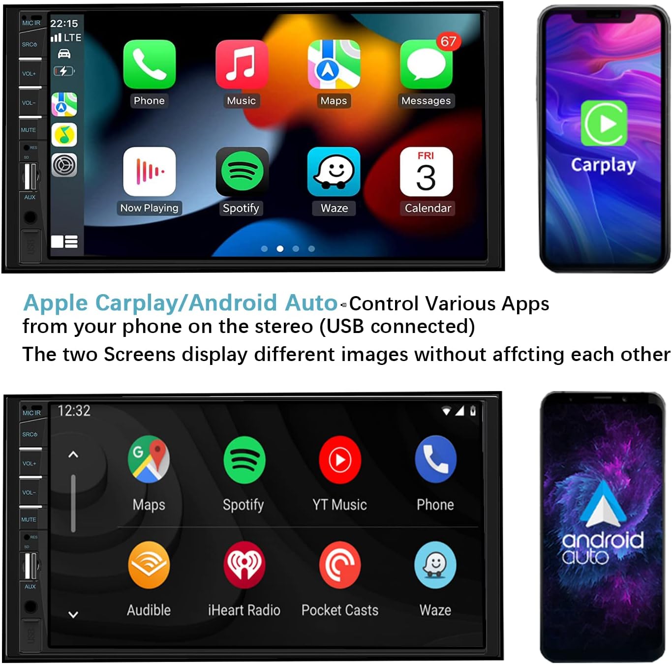 Naifay Double Din Car Stereo Compatible with Apple Carplay and Android Auto, 7 inch HD Touchscreen Car Radio Car Audio Receivers, Bluetooth, Backup Camera, Mirror Link, USB/AUX/TF/Subwoofer, FM Radio