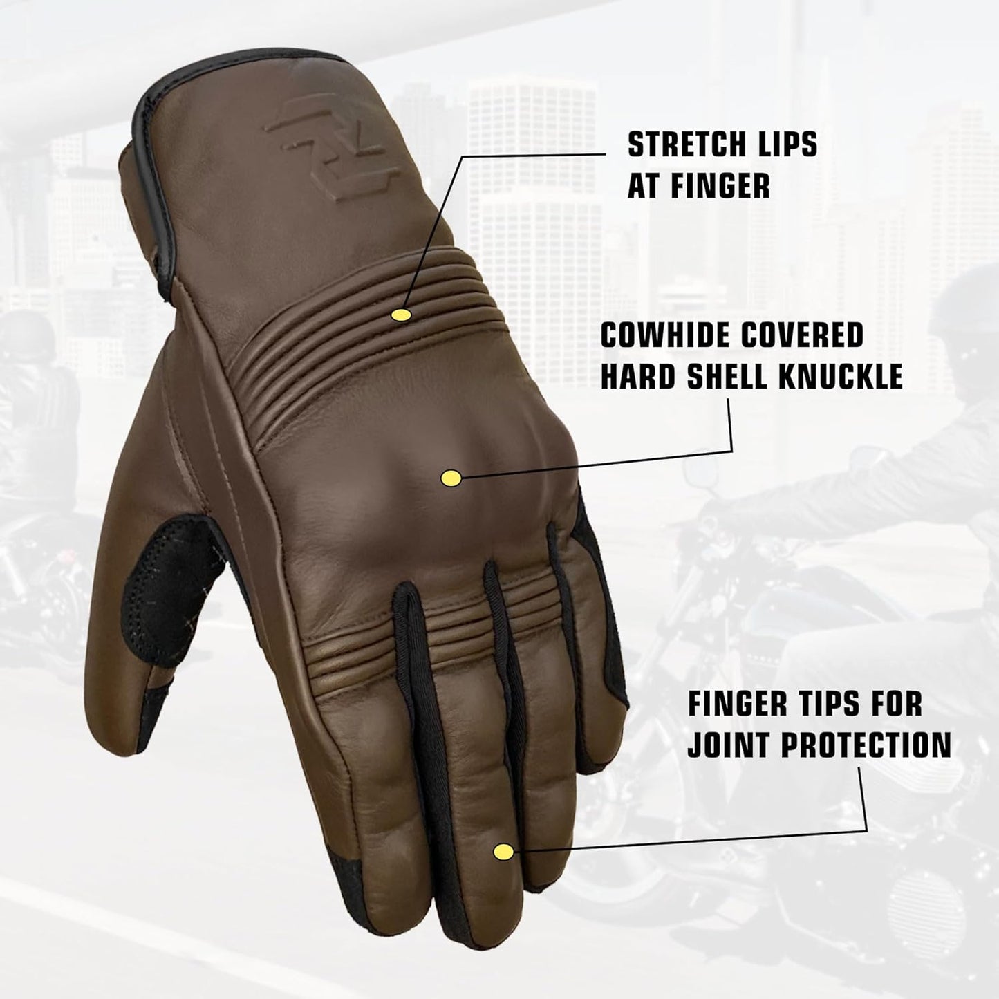 Leather Motorcycle Gloves for Men and Women | Touchscreen | Full Finger | Goatskin Leather Hard Knuckle Motorcycle Riding Gloves (Classic Brown, Small)