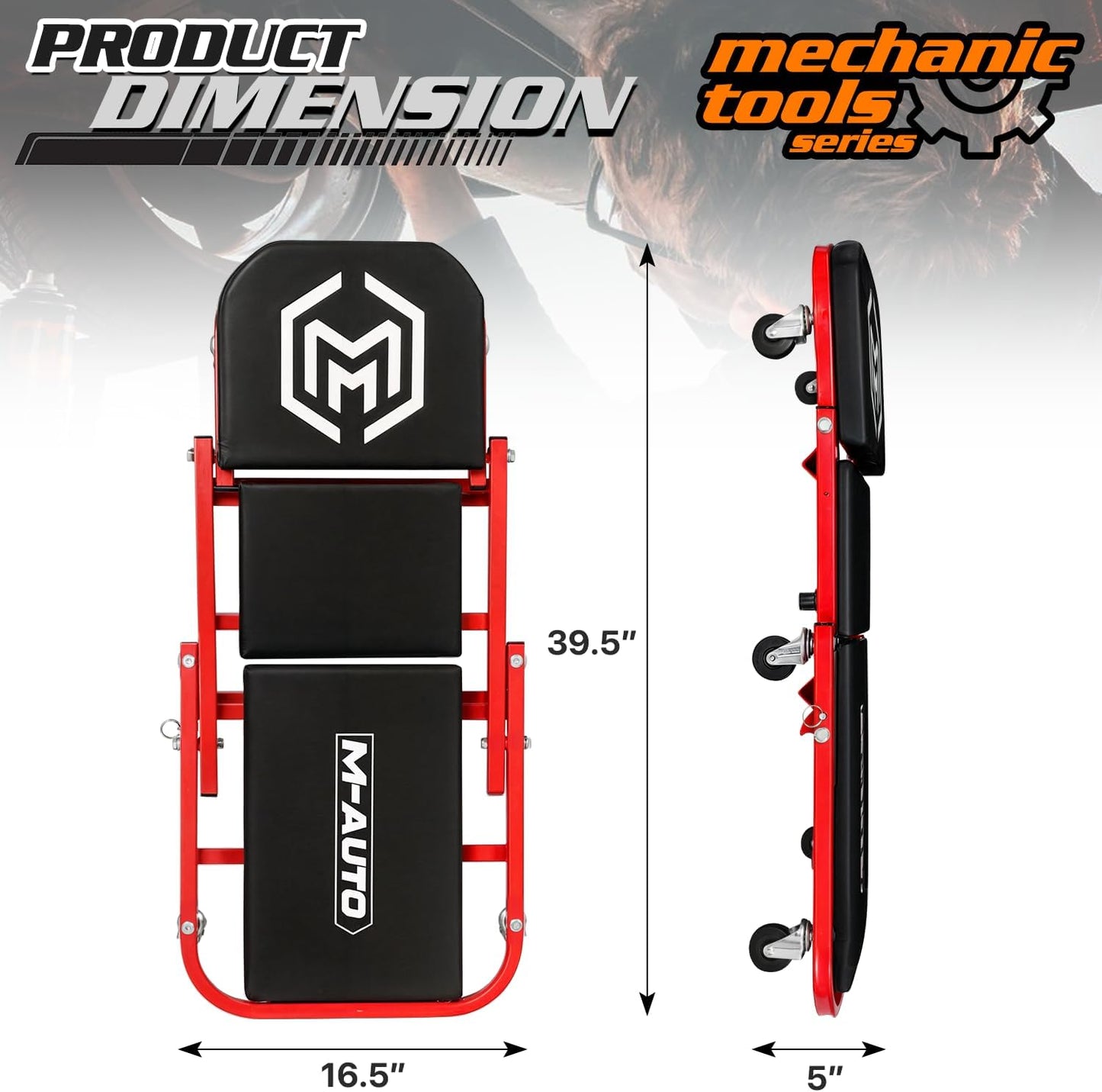 M-AUTO 40-Inch Folding Creeper Rolling Seat, All-in-One Adjustable Roller Garage Chair, Lay Down or Sit, 330LBS Capacity Under Car Roller Creeper with 6 Swivel Casters, Red