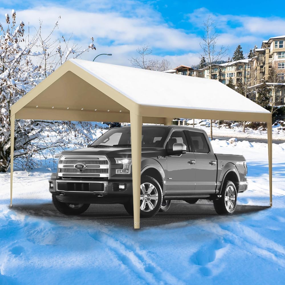 Rutile 10 x 20 FT Carport Replacement Cover, Heavy Duty Car Tarp Canopy Tent Garage Top Shelter Cover with Fabric Leg Pole Skirts and Ball Bungees Beige (Only Top Cover, Frame is not Included)