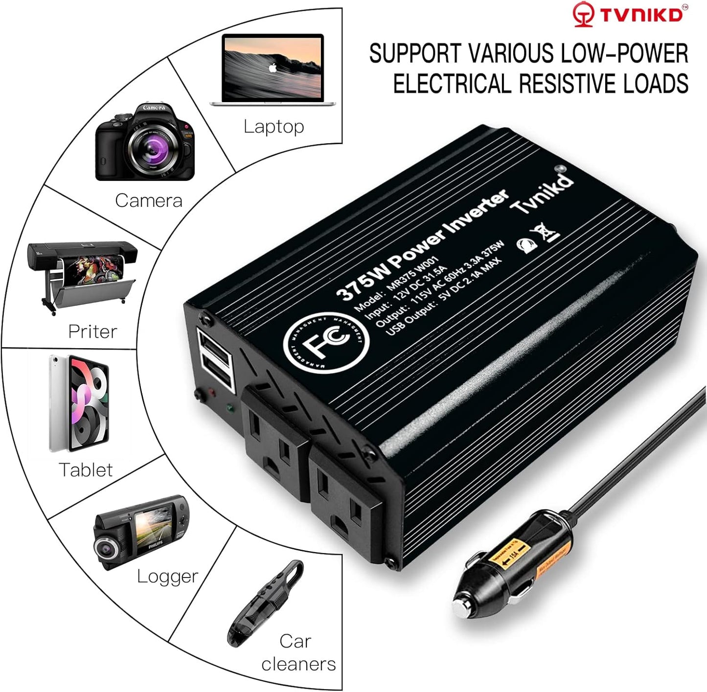 375W/750W(Peak) car Power Inverter 12V to 110V dc to ac with Cigarette Lighter inverters for Vehicles car Camping Truck Trailer with 2 USB outlets-375W