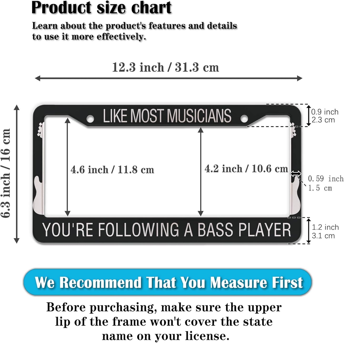 License Plate Frame Holder Black and White License Plate Frames Like Most Musicians Following Bass Player Aluminum Metal Car Accessory 2 Pack with Screw Covers Set