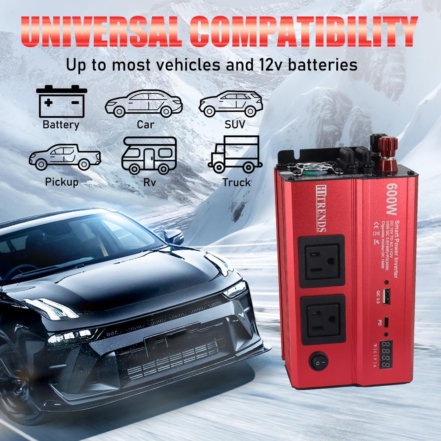 HITRENDS 600W Inverter for Car Power Inverters, 12V DC to 110V AC Converter with 3.0 A USB & PD 30W Type-C Port & 2 AC Outlets, 12 Volt Battery Inverter Car Cigarette Lighter for RV Truck