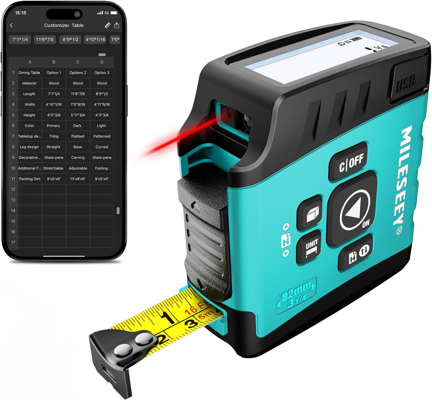 MiLESEEY DT20 Laser Tape Measure 3-in-1, 130FT Laser Distance Meter, 16FT Digital Tape Measure, Regular Tape Measure, Area Volume Measuring Pythagorean Mode, Waterproof and Rechargeable